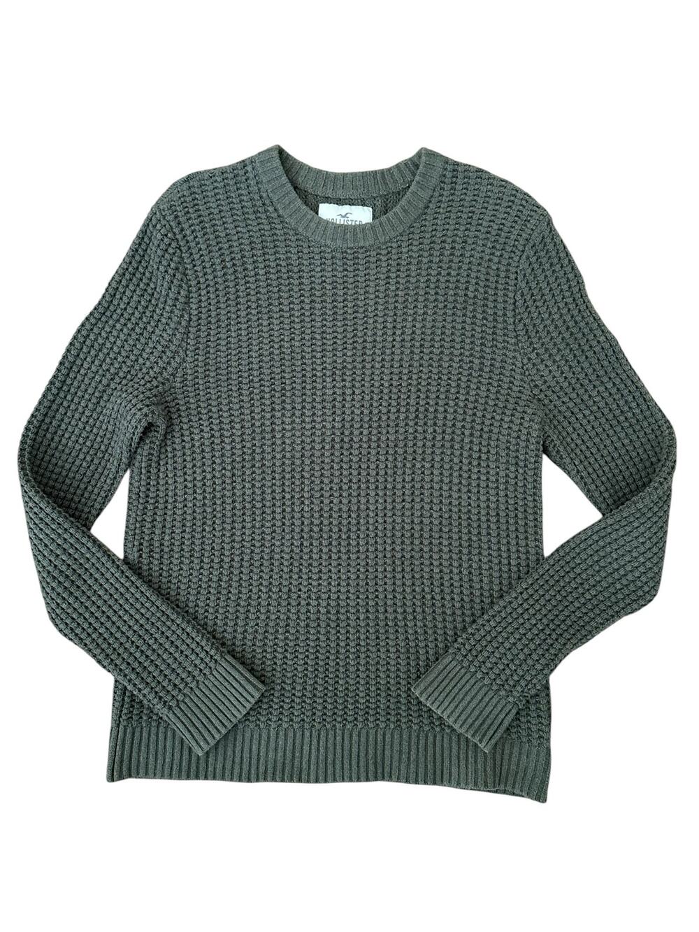 Hollister Women Green Waffle-Knit Crewneck Pullover Long Sleeves Sweater Size L